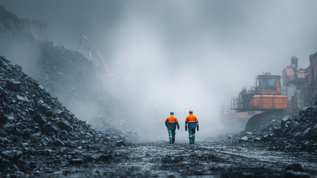 Two Construction Workers Navigating Through a Foggy Mining Site Surrounded by Heavy Machinery and Piles of Dark Materials in the Atmosphere of Hard Labor