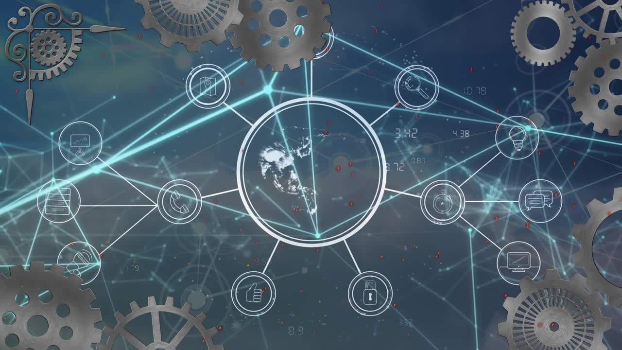 animación de engranajes girando y red de conexiones con iconos