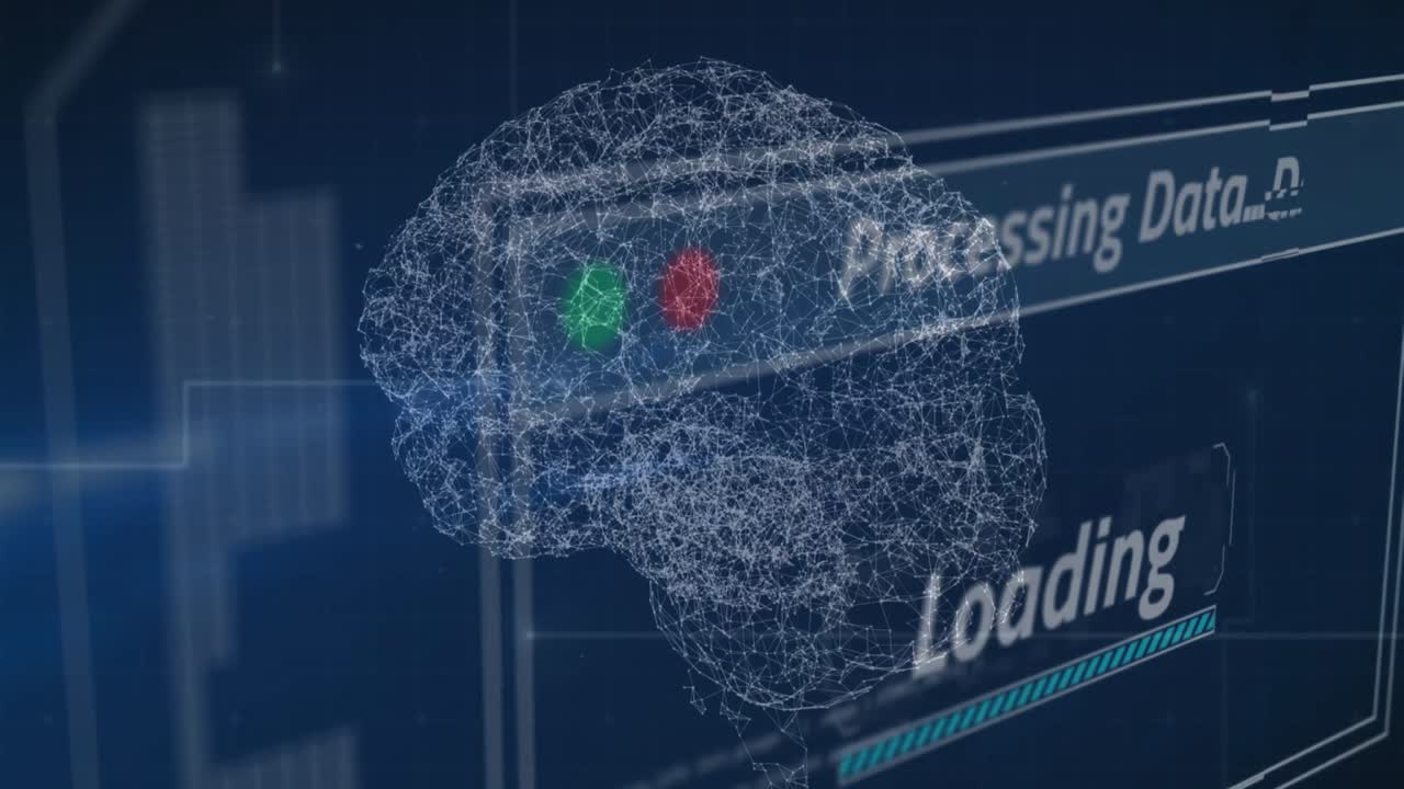 Animation of human brain icon spinning over interface with data processing against blue background