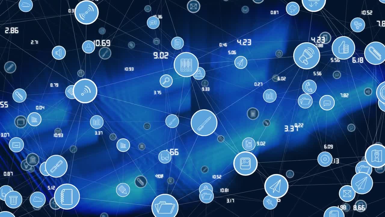 Animation of network of connections with icons over blue background