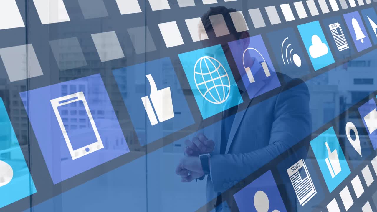 Animation of media icons over caucasian businessman using smartwatch