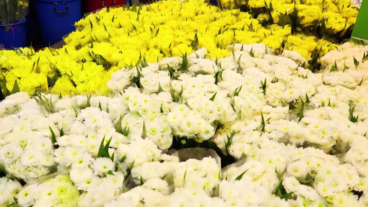 Bright yellow and white carnations fill the bustling Bangkok flower market, captured in vivid detail with dynamic camera movement