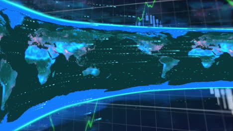 animación de mapas en patrón circular, gráficos múltiples, números cambiantes sobre un fondo abstracto
