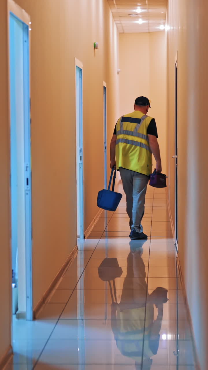 Medical worker goes through the long corridor in laboratory. Back view video of a male in special vest is holding bag with sample analysis in hospital. Vertical video