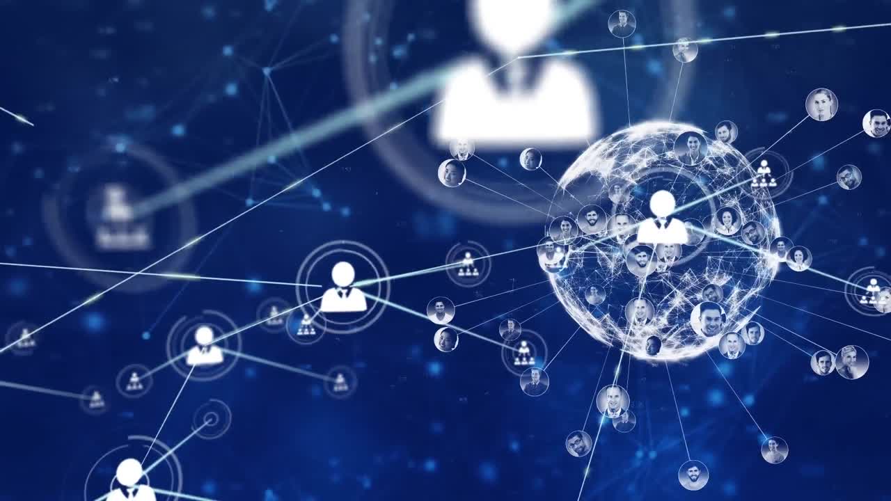 연결된 아이콘의 애니메이션, 파란색 배경에 연결된 점에 대한 전 세계 프로필 아이콘