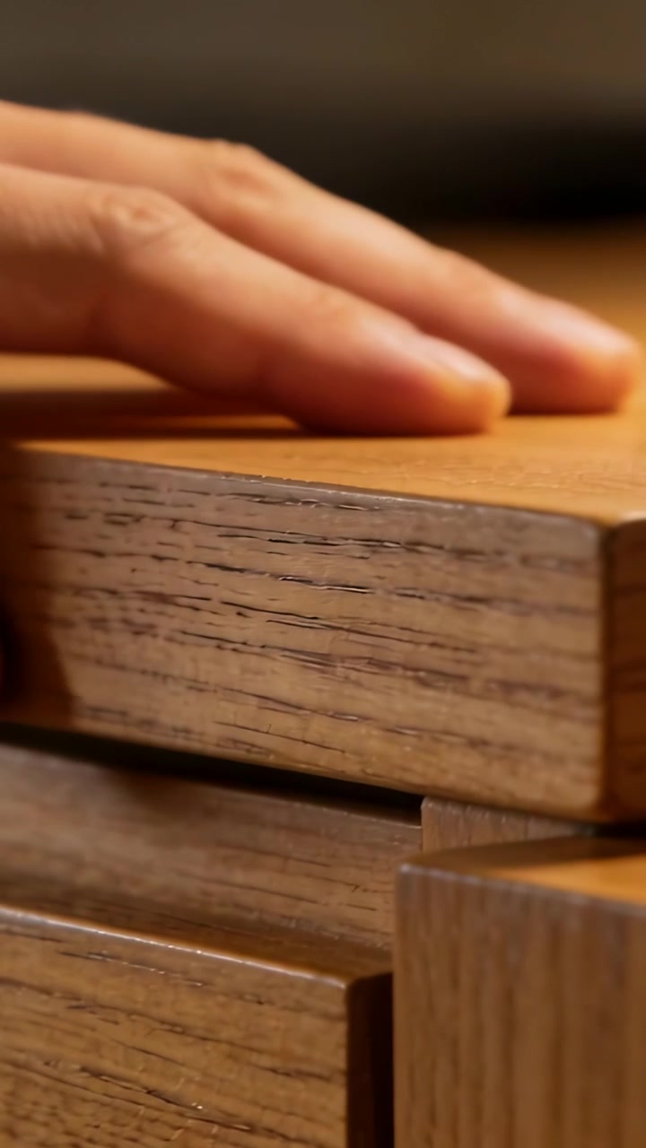 Video verticale: Mano destra che scorre, trovando un'apertura, e apre un cassetto di legno per raggiungere un vano contenitore a casa.