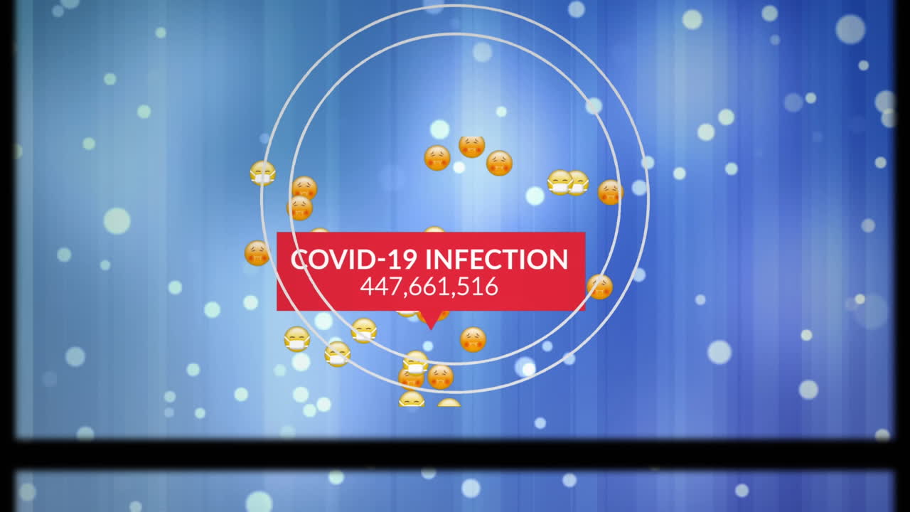 코로나 19 감염 텍스트의 애니메이션, 증가하는 숫자, 이모티콘 및 파란색 선에 빛의 반점이 있습니다.