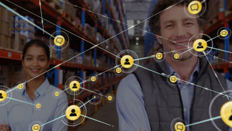 Animation-of-network-of-connections-with-icons-over-diverse-people-working-in-warehouse