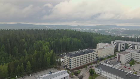 Aerial-view-of-residential-district-with-forest-and-sky-in-the-background-on-a-cloudy-summer-day