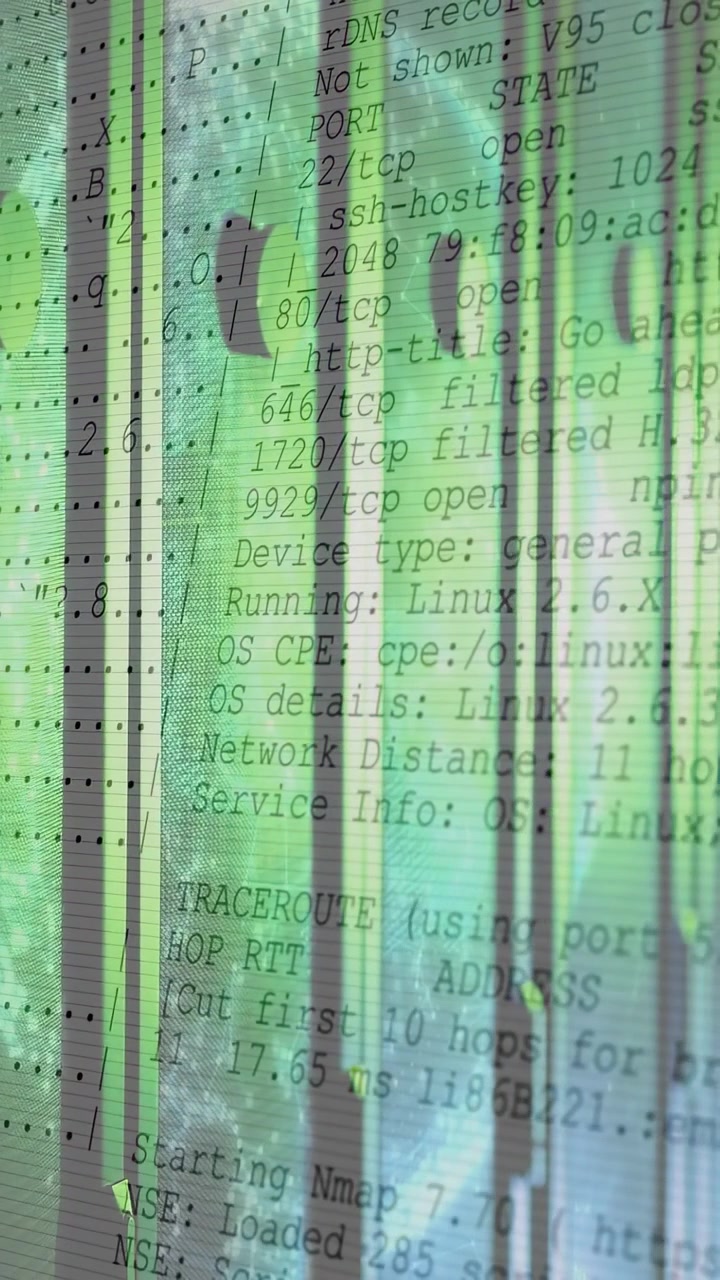 Vertical video: Tech racks showing globe while Nmap starting terminal text scrolling for port demo