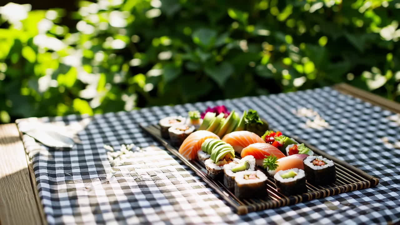 An assortment of sushi and maki served on a checkered table outdoors