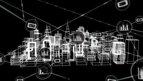 animación de la red de conexiones con iconos sobre el dibujo de la ciudad en 3d sobre fondo negro