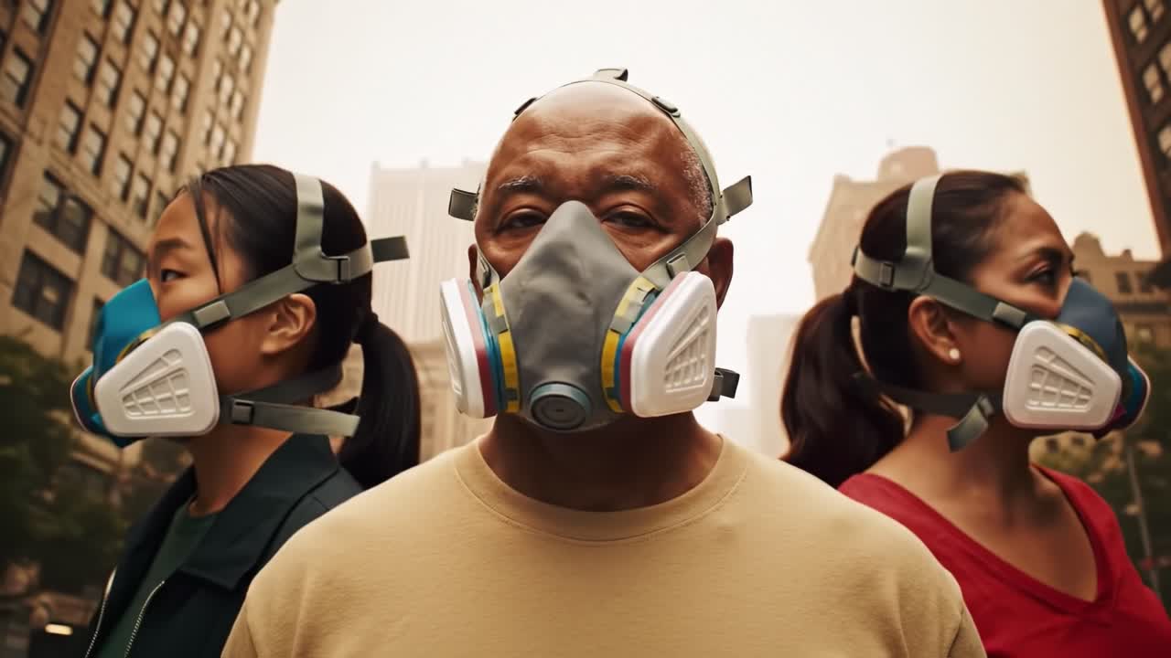 Three individuals wearing protective masks stand resolutely against a backdrop of urban buildings, highlighting themes of resilience and unity in the face of environmental challenges