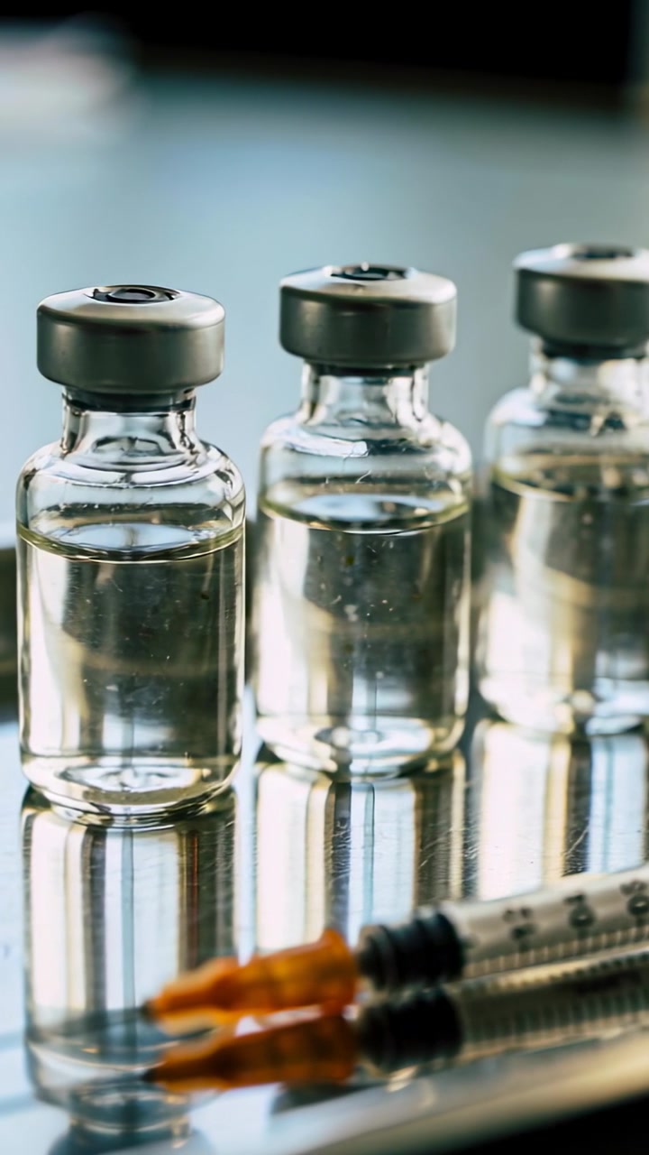 Vertical video: Moving camera causing focus shift on three vials, syringes on lab tray, stabilizing