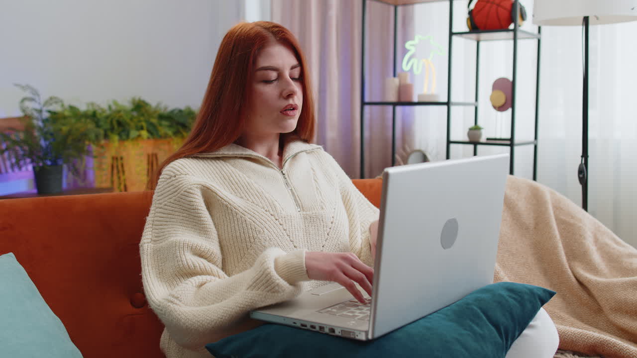 Tired young woman freelancer use laptop suffering from headache problem tension and migraine stress