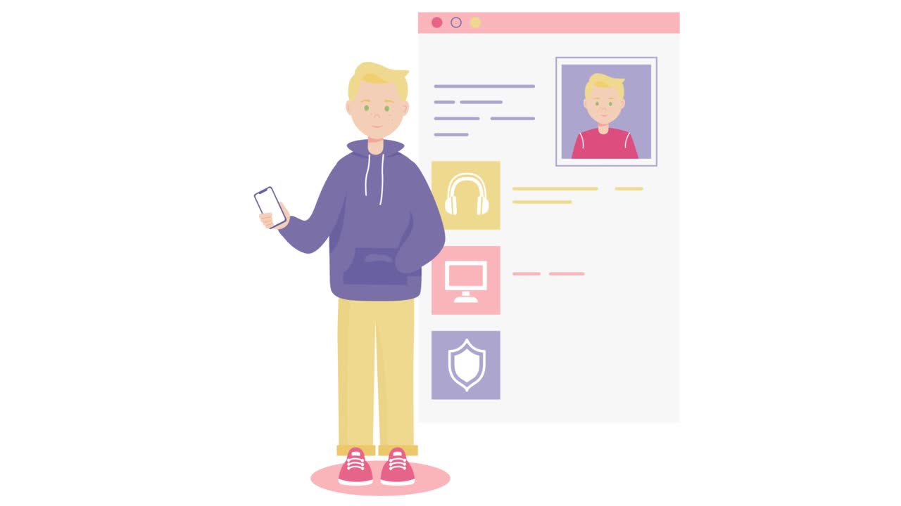 Personal Data Security Vector Illustration. Young Boy Standing With Phone. Personal Preferences and Interest Information Concept.