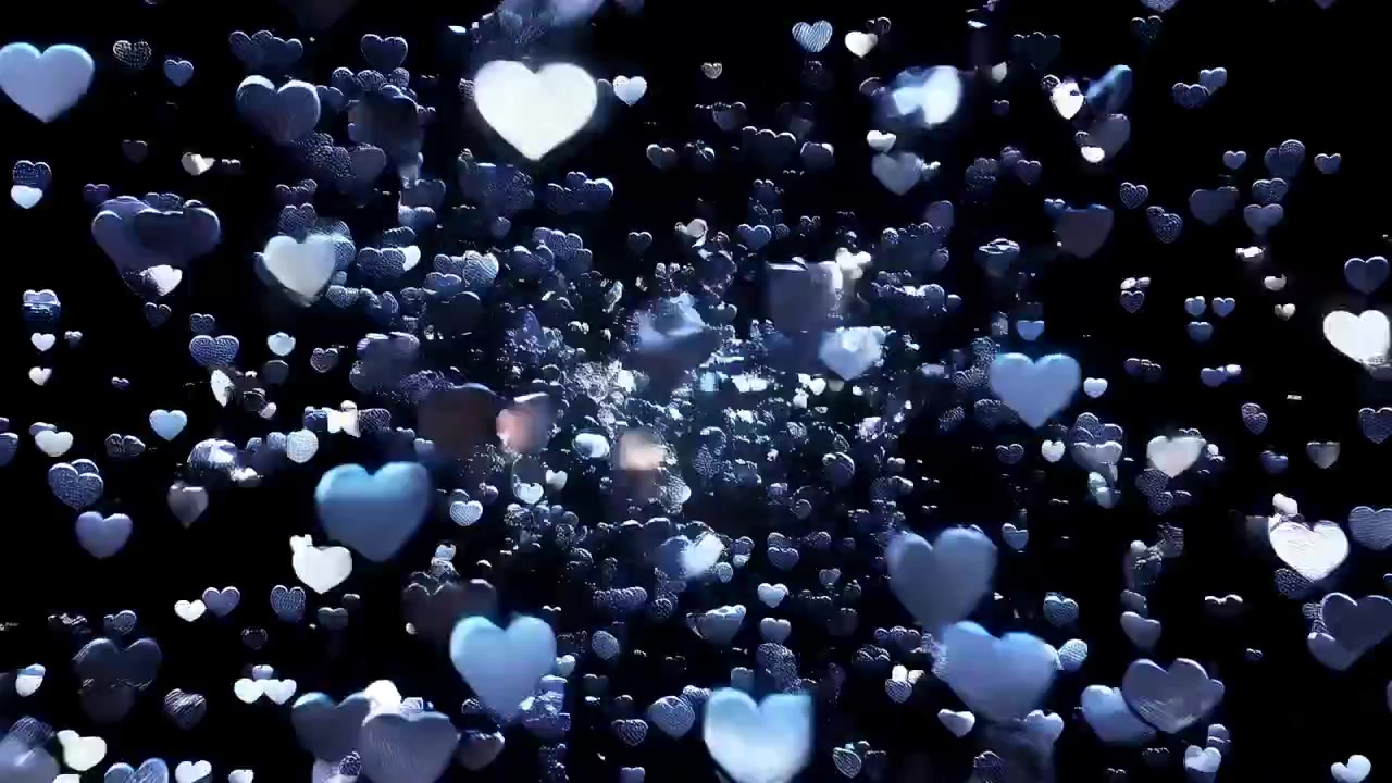 Cuore luminoso esplosivo che rilascia cuori bluastri nell'oscuro vuoto, riempiendo l'inquadratura di bagliori