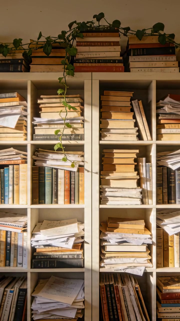 Vertical video: Moving camera revealing bookcase at home, books papers plant, sunlight shifting
