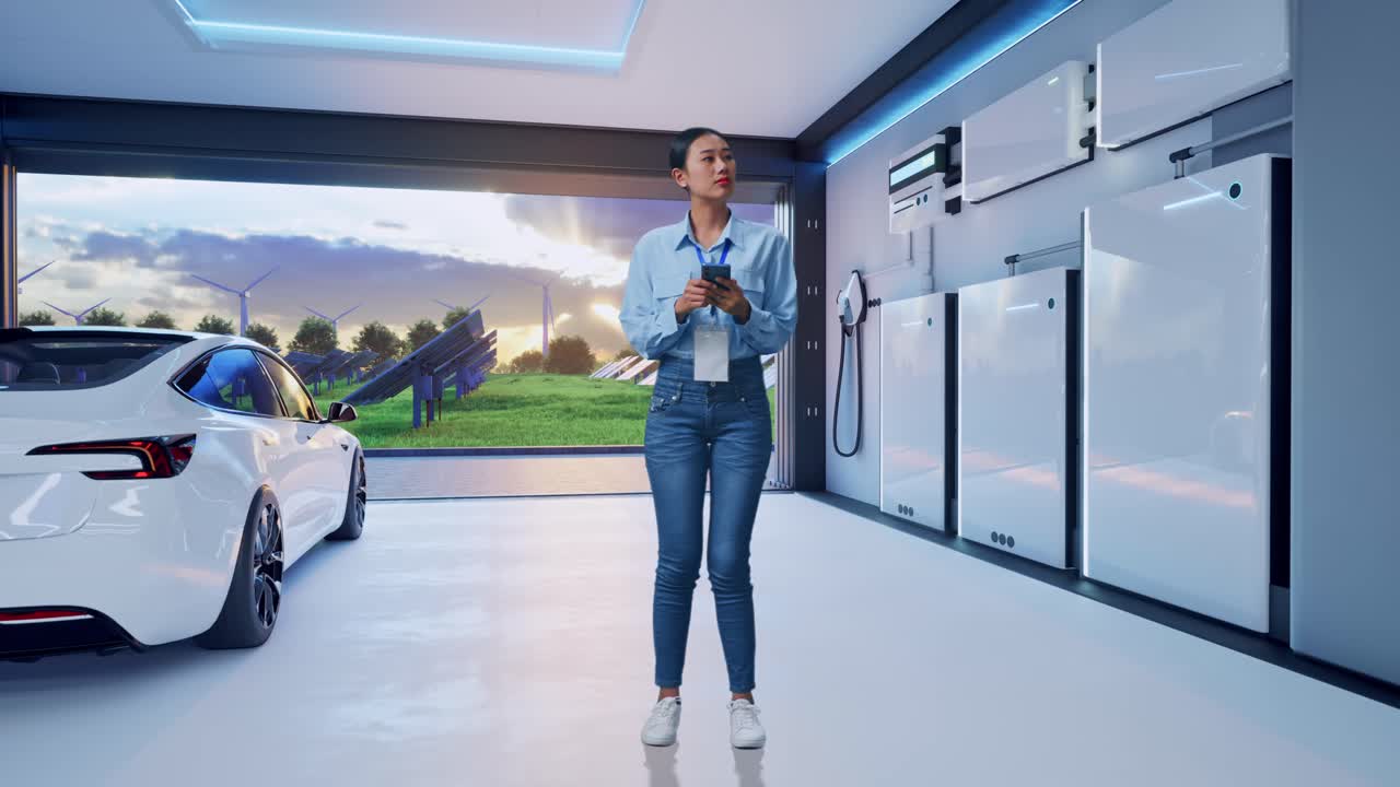 Full Body Of Asian Female Worker With Her Smarphone With Home Energy Storage System In a Modern Garage, She Observes By Looking Around Before She Come To Concentrating With Her Smarphone