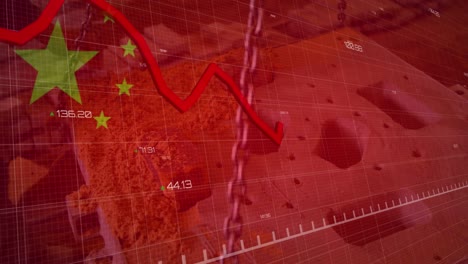 animation of red line, flag of china and financial data processing over factory