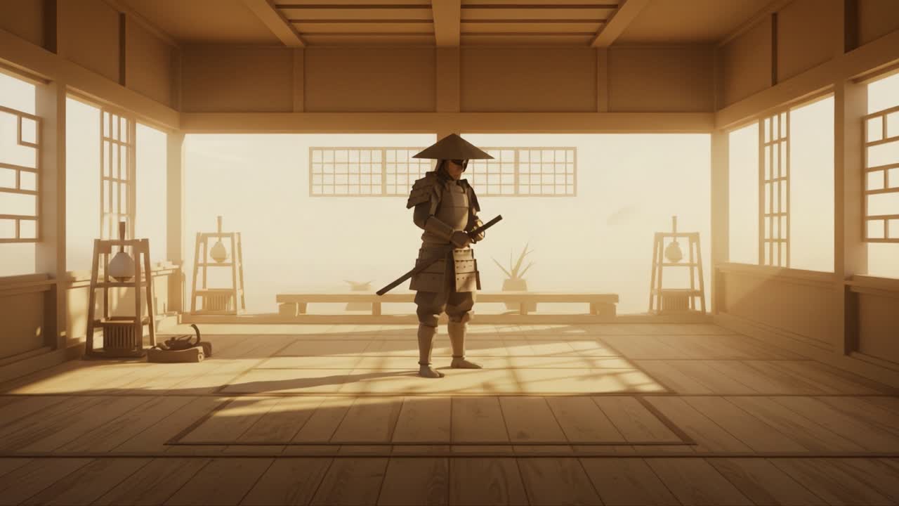 A Master Samurai in Motion: The Journey from Stillness to Action Within a Traditional Dojo Setting Full of Tranquility and Cultural Essence