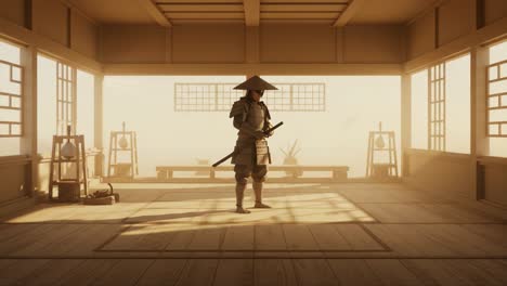 a master samurai in motion: the journey from stillness to action within a traditional dojo setting full of tranquility and cultural essence