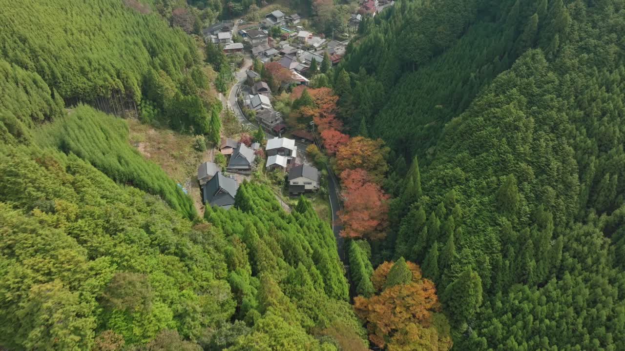 drone aéreo sobre un pueblo en el valle de la montaña japonesa carretera entre el bosque de cedro
