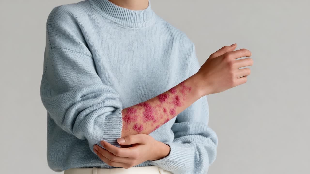 Un incontro ravvicinato con le condizioni della pelle: una rappresentazione artistica che evidenzia l'impatto e la visibilità delle dermatosi sul braccio di una modella in un ambiente morbido e pastello.