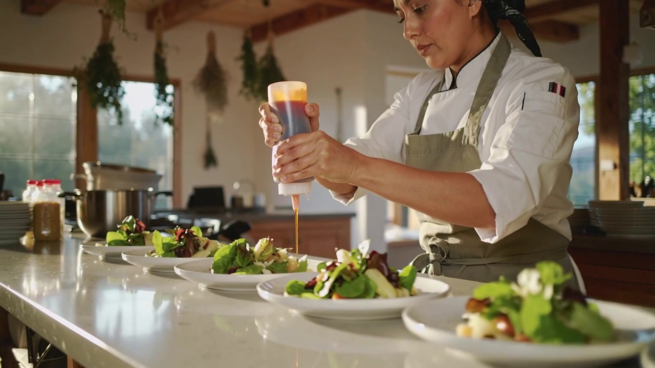 Drizzling chef in jacket olive apron steadying squeeze bottle over salads at counter for service