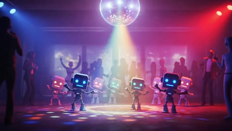 a vibrant dance floor showcasing enthusiastic robots grooving under a disco ball amidst a colorful crowd and enchanting lights