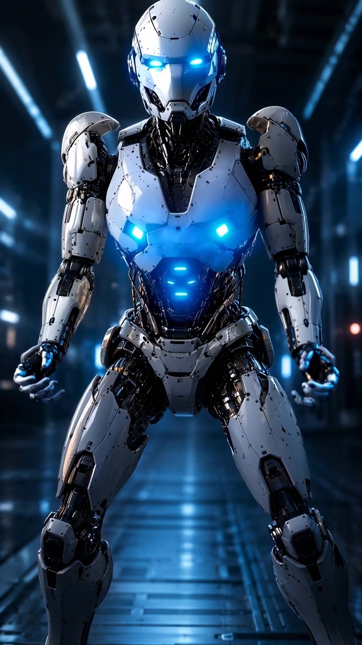 Un robot da combattimento umanoide avanza attraverso un hangar industriale poco illuminato, con occhi blu luminosi, pannelli pettorali illuminati, armatura metallica, superfici riflettenti e una postura frontale centrata per un effetto futuristico drammatico.