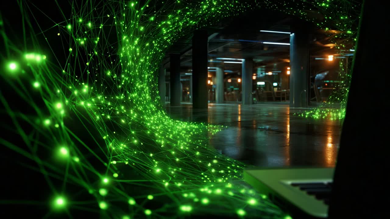 A mesmerizing visual representation of digital connectivity, featuring a stunning green light wave flowing through a futuristic environment with illuminated pathways, enhancing the perception of advanced technology and innovation
