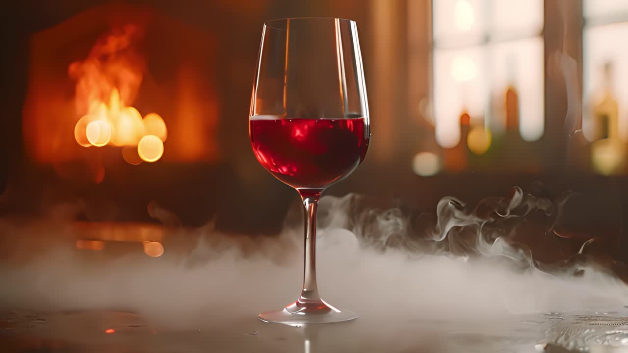 Taça de Vinho Tinto com Lareira e Fumaça