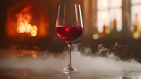 red wine glass with fireplace and smoke