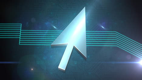 Animation of cursor arrow and green glowing lines over computer circuit board