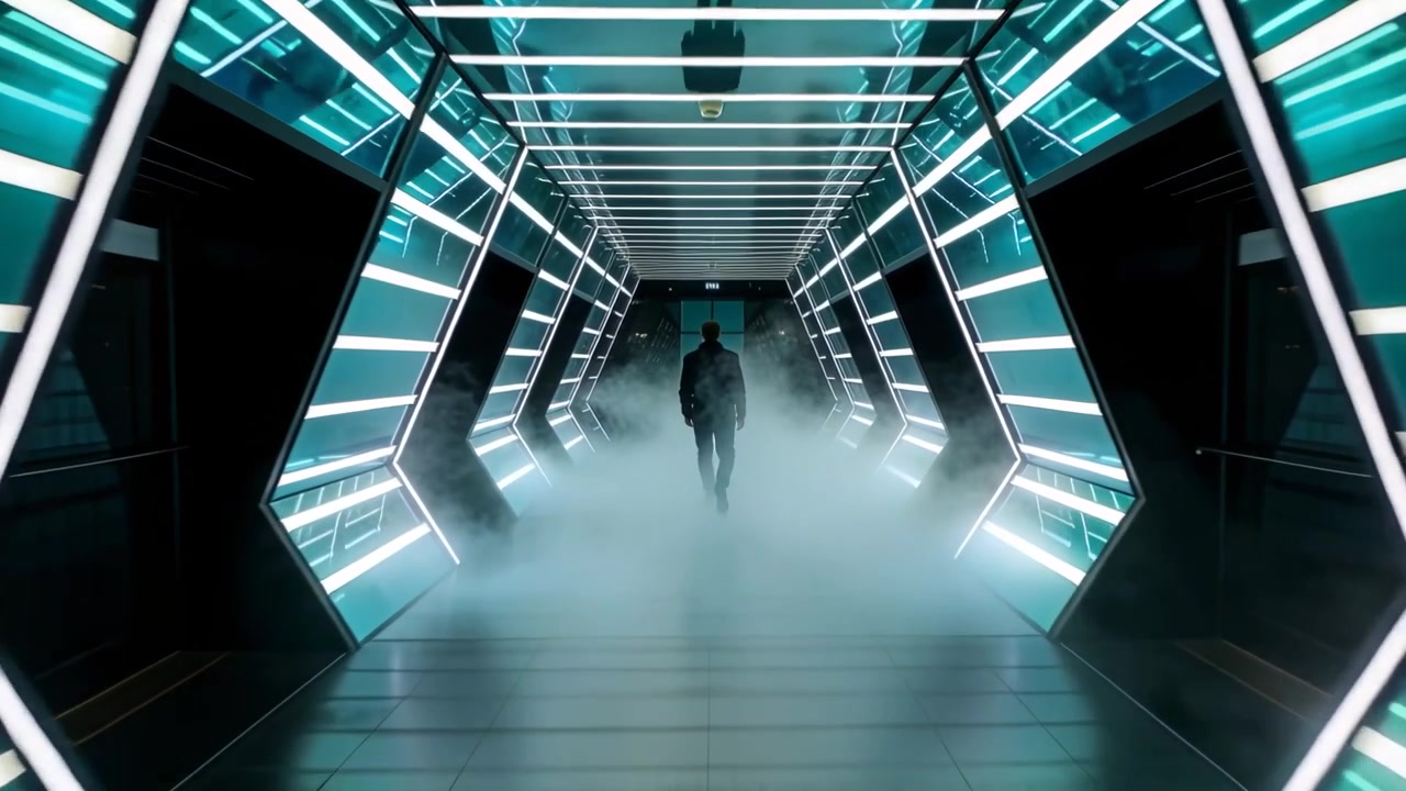 Walking man in dark jacket and trousers heading toward exit down hexagonal LED corridor, fog rising
