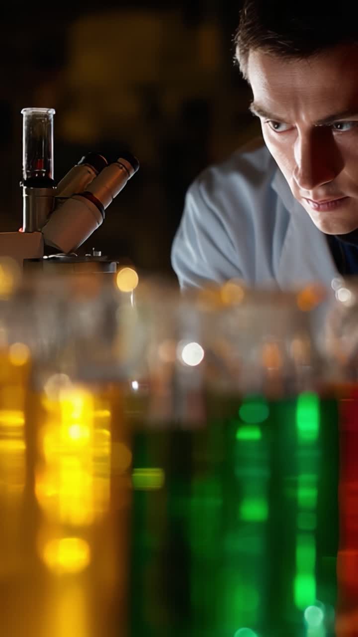 Uno scienziato concentrato che analizza vivaci reazioni chimiche in un ambiente di laboratorio, circondato da provette colorate piene di vari liquidi, mettendo in mostra la bellezza dell'indagine scientifica.