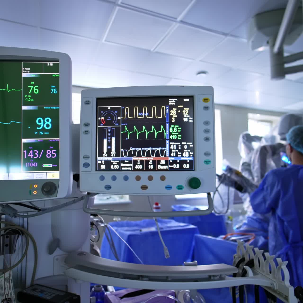 Schermate operative di un ventilatore polmonare artificiale. Monitor con parametri vitali. Medico in piedi di fronte al robot Da Vinci sullo sfondo