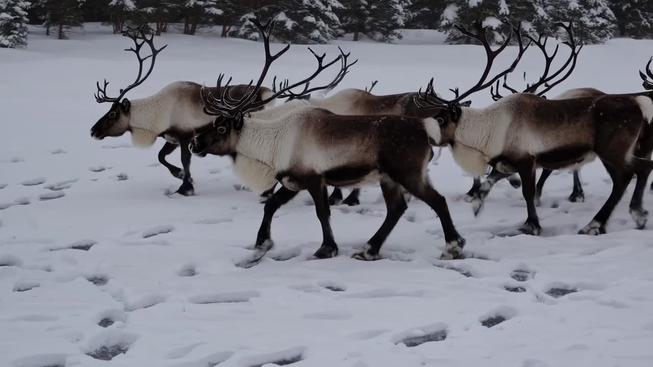 Video af rensdyr, der går i sne, fanget fra en side engel. Scenen formidler en fredfyldt vinterstemning