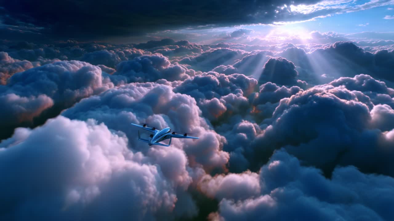 Aerial Perspective Above Fluffy Clouds Captures the Serenity of Flight with Dramatic Sunlight Breaking Through the Atmosphere, Highlighting the Beauty of Air Travel and the Vastness of Nature