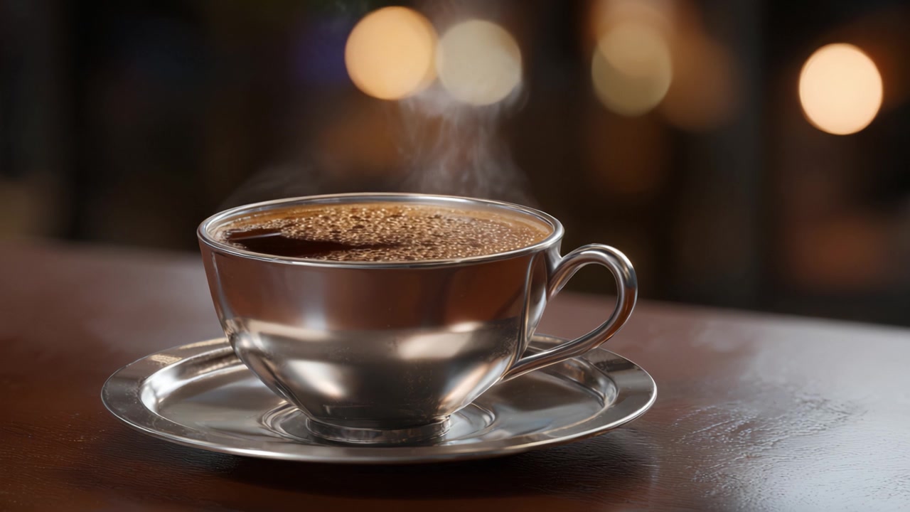 En varm kop kaffe, der damper i en smuk sølvkop, inviterer dig til at nyde dens rige aroma og et øjebliks afslapning og hygge