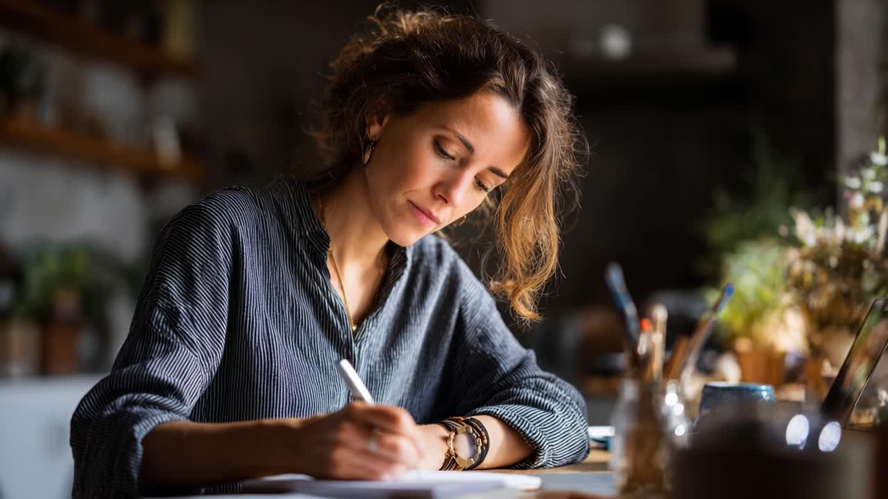 A creative woman engaged in writing and artistry, capturing moments of inspiration in a cozy workspace filled with plants, stationery, and natural light