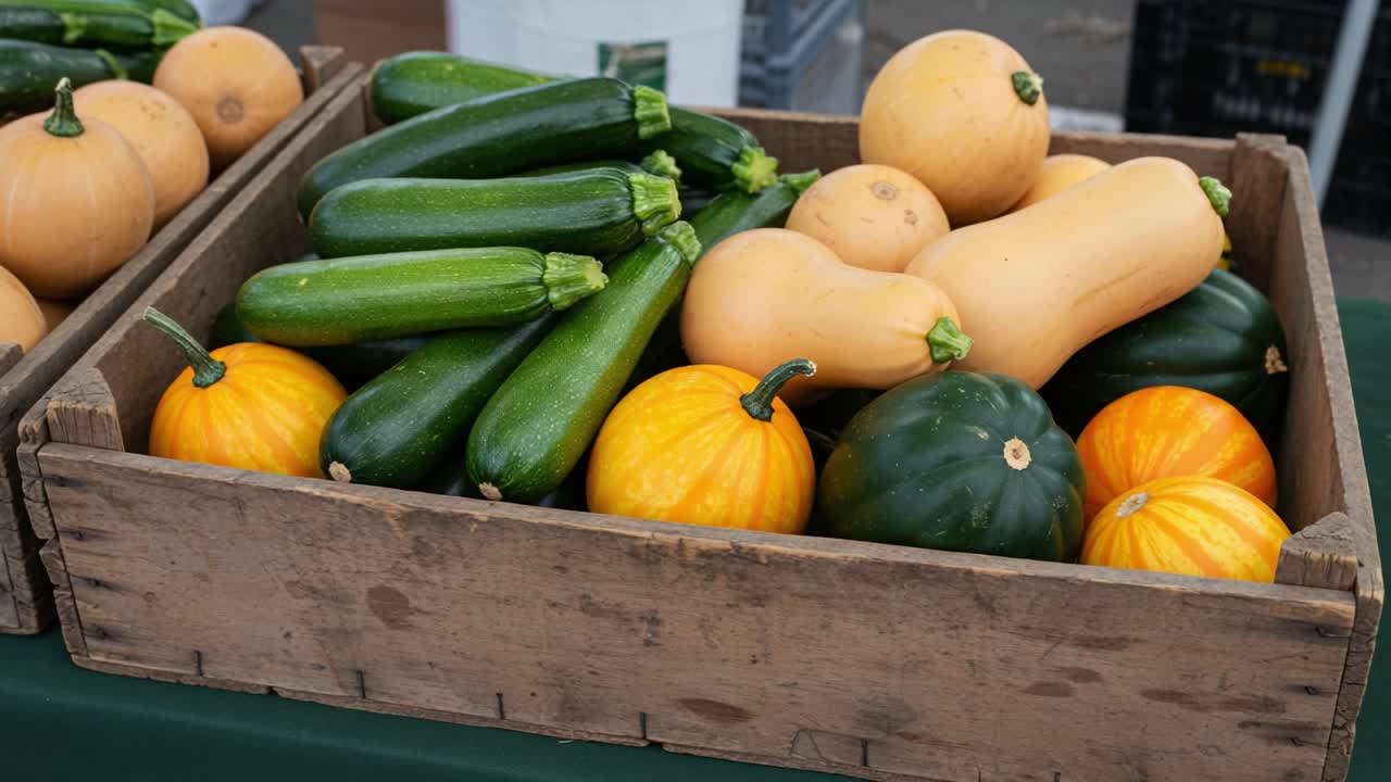 A Bounty of Fresh Vegetables Displayed in Rustic Crates: An Abundant Selection of Squash and Zucchini Showcased at a Vibrant Market Stand