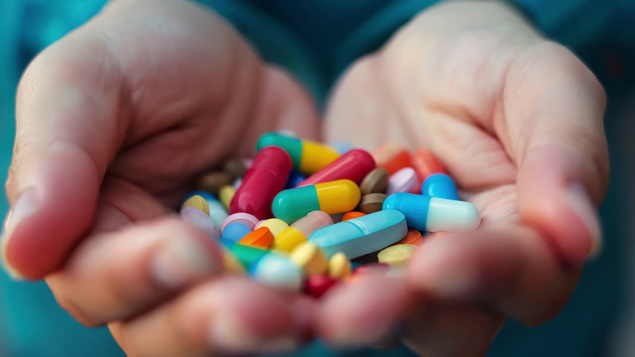 Healthcare worker holding assorted colorful medications, displaying pharmaceutical variety with careful palm presentation highlighting medical treatment options