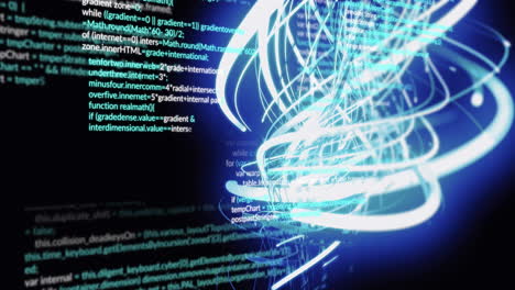animation of spiral pattern and multicolored computer language over black background