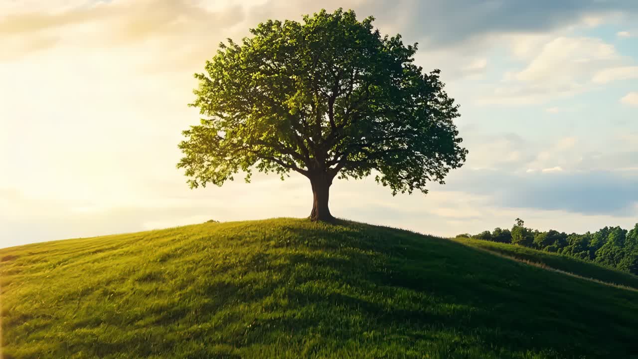 A lone tree on top of a grassy hill under a cloudy sky