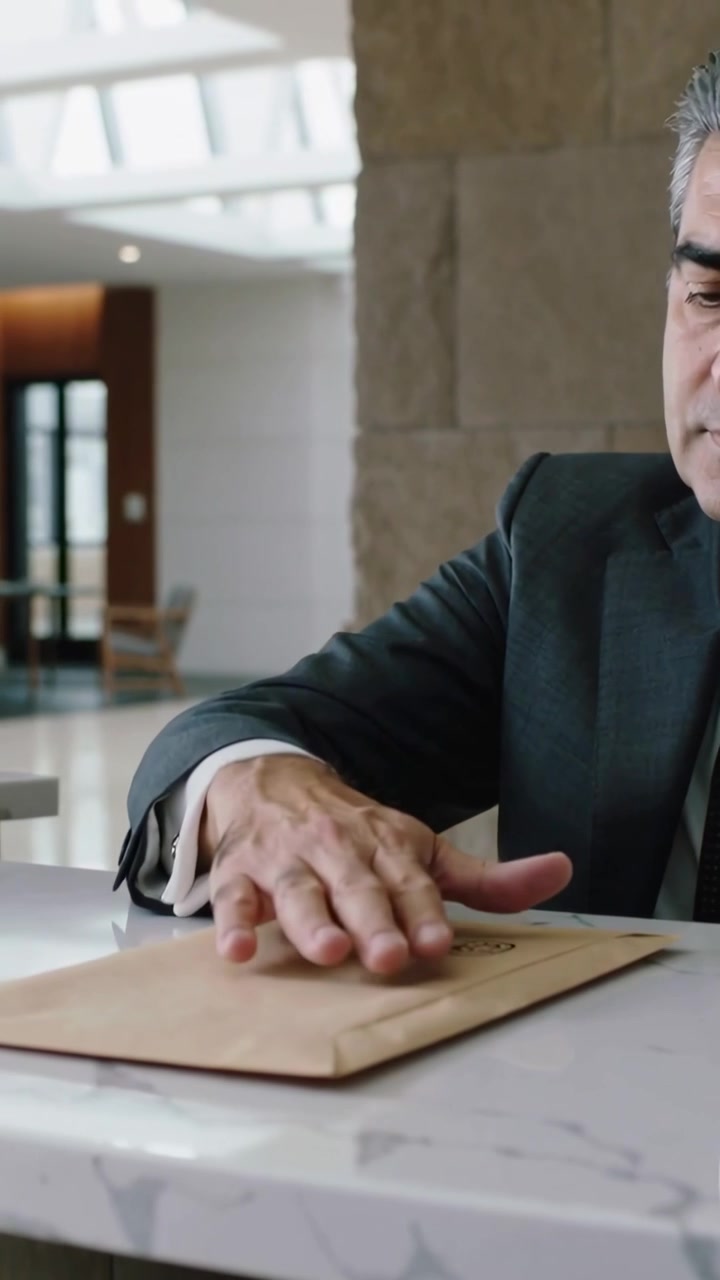 Vertical video: Pressing man in suit securing envelope at lobby desk, woman placing, copy space