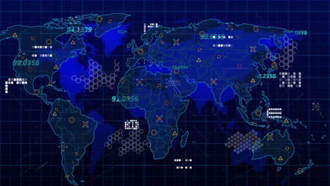 animation of data processing over world map on black background