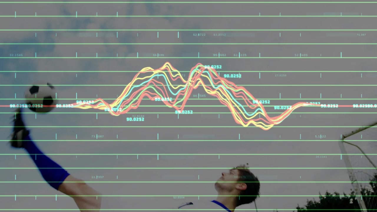 Male athlete timing ball entry doing bicycle kick on pitch waveforms pulsing with strike to score