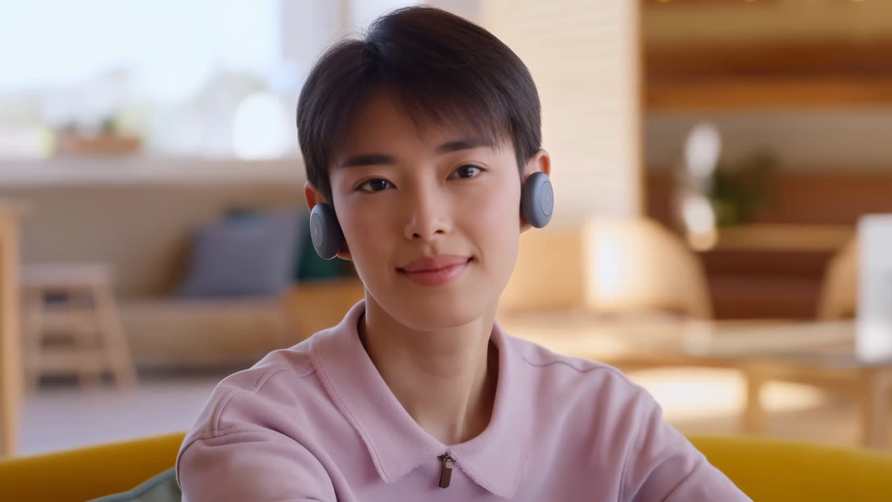 집에서 헤드폰을 착용한 아시아 여성, 노란색 소파에 편안하게 앉은 학생 자세, 부드러운 주변 조명, 현대적인 분위기